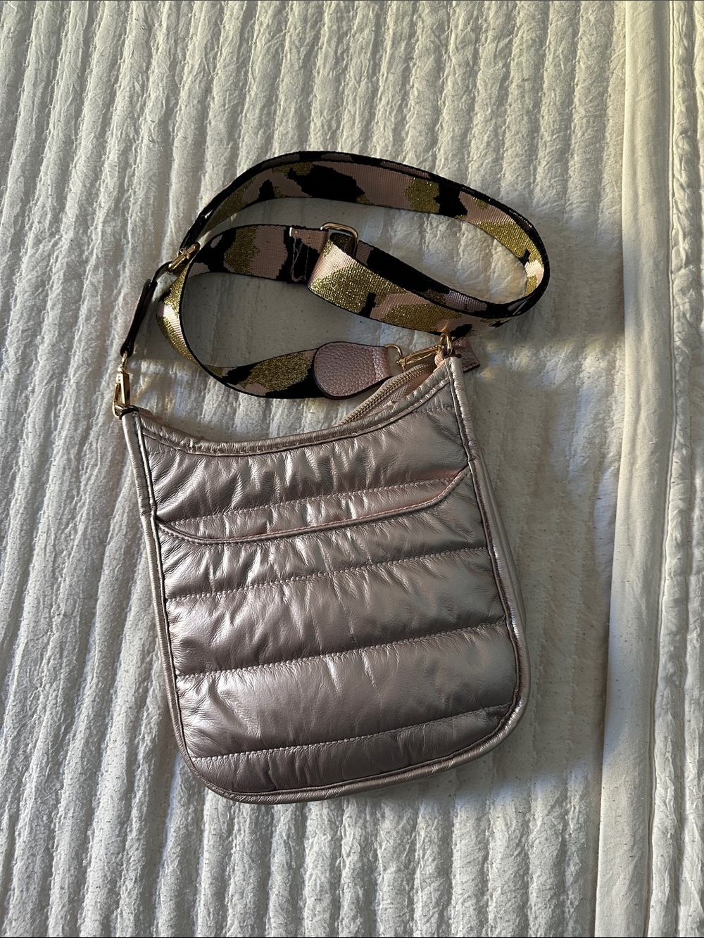Quilted Metallic Crossbody Bag in Rose Gold with Patterned Strap
